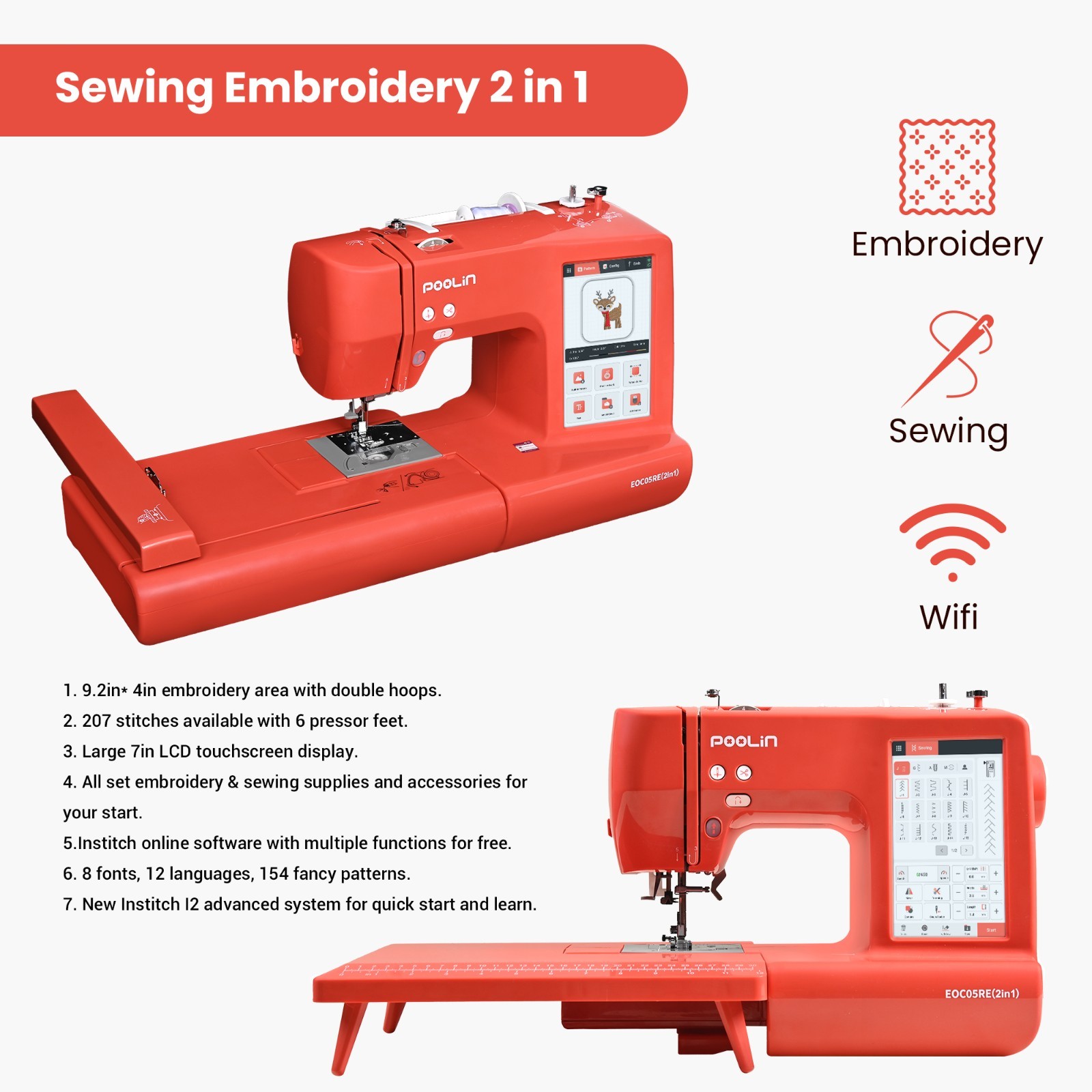 POOLIN EOC05RE（2in1） Sewing and Embroidery Machine Computerized Large LCD.
