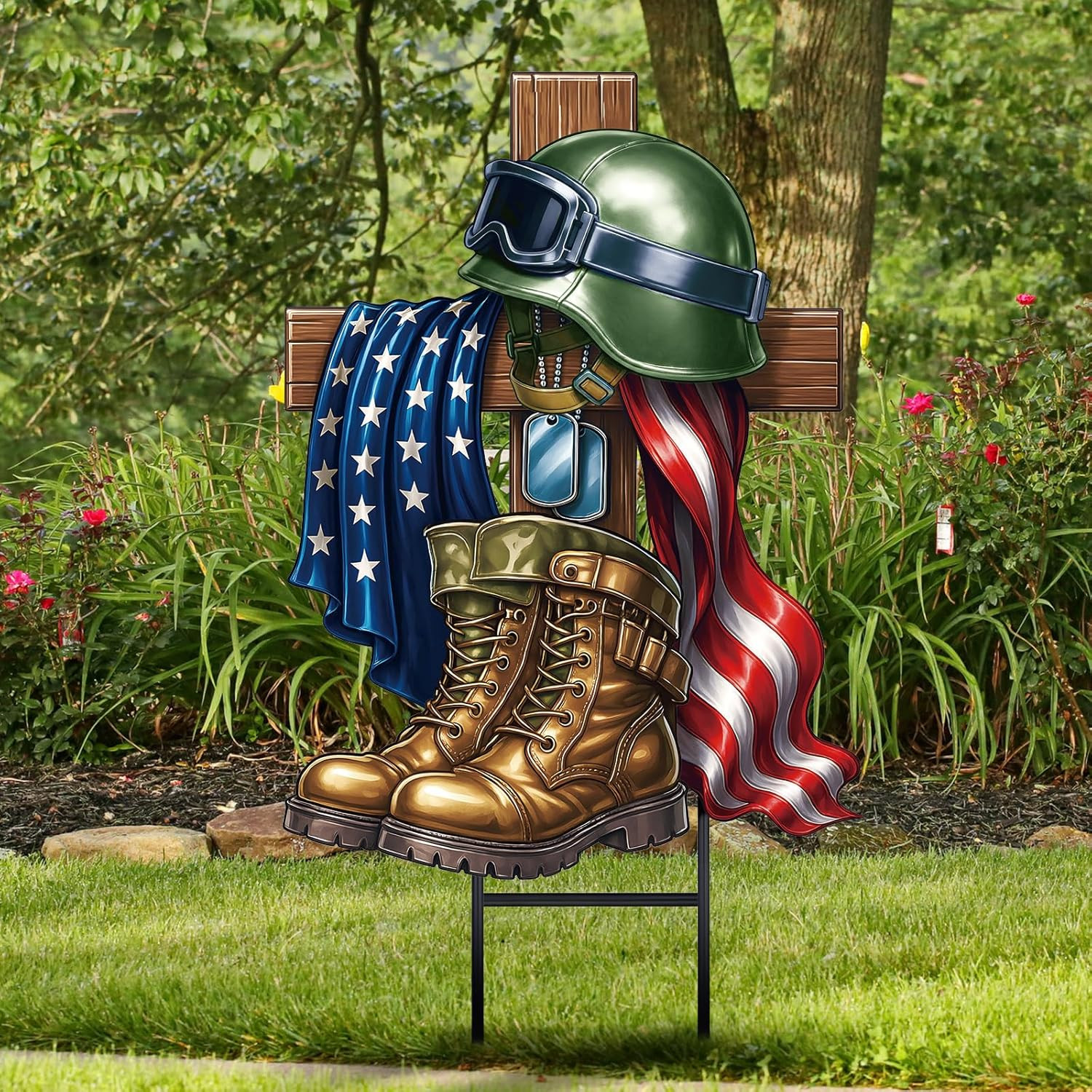 Metal Memorial Day Yard Decoration Patriotic Yard Sign with Stakes 13.78 Inch Mi
