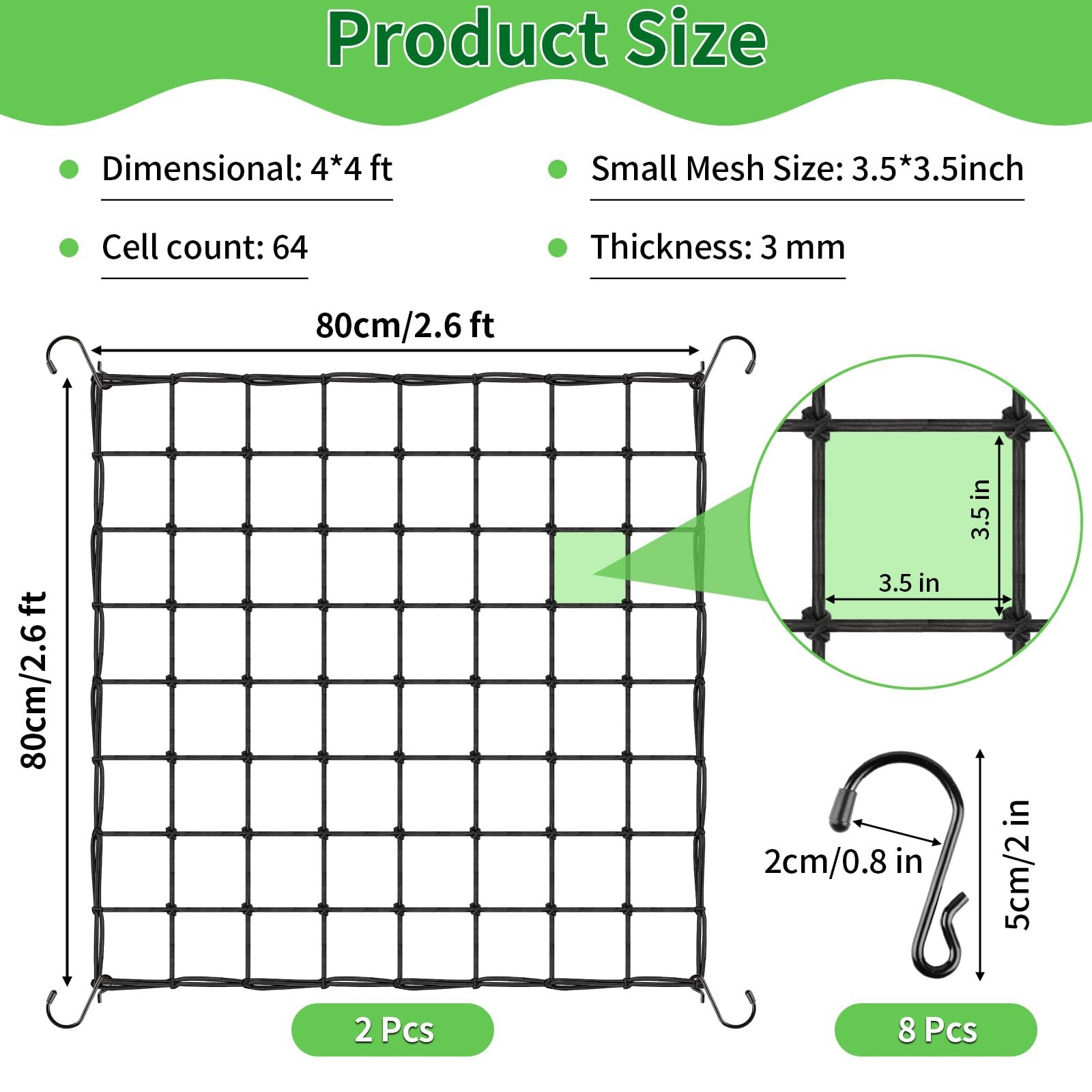 Trellis Netting, 2 Pack Scrog Nets with 8 Hooks, 4x4 Net 4×4ft-2pcs