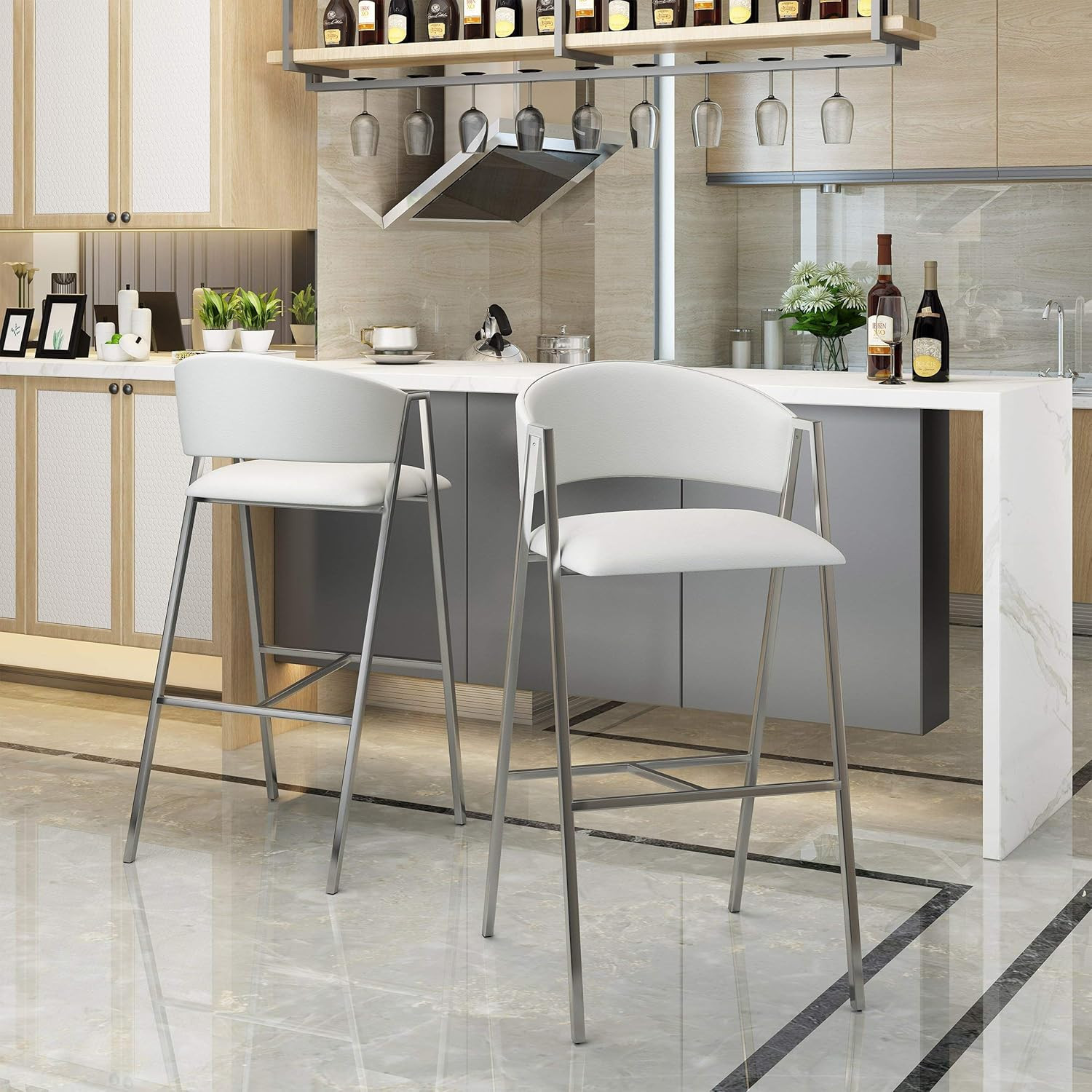 Ivory & Chrome Marlon Modern Leather Barstools - Set of 2, 28.25" Height