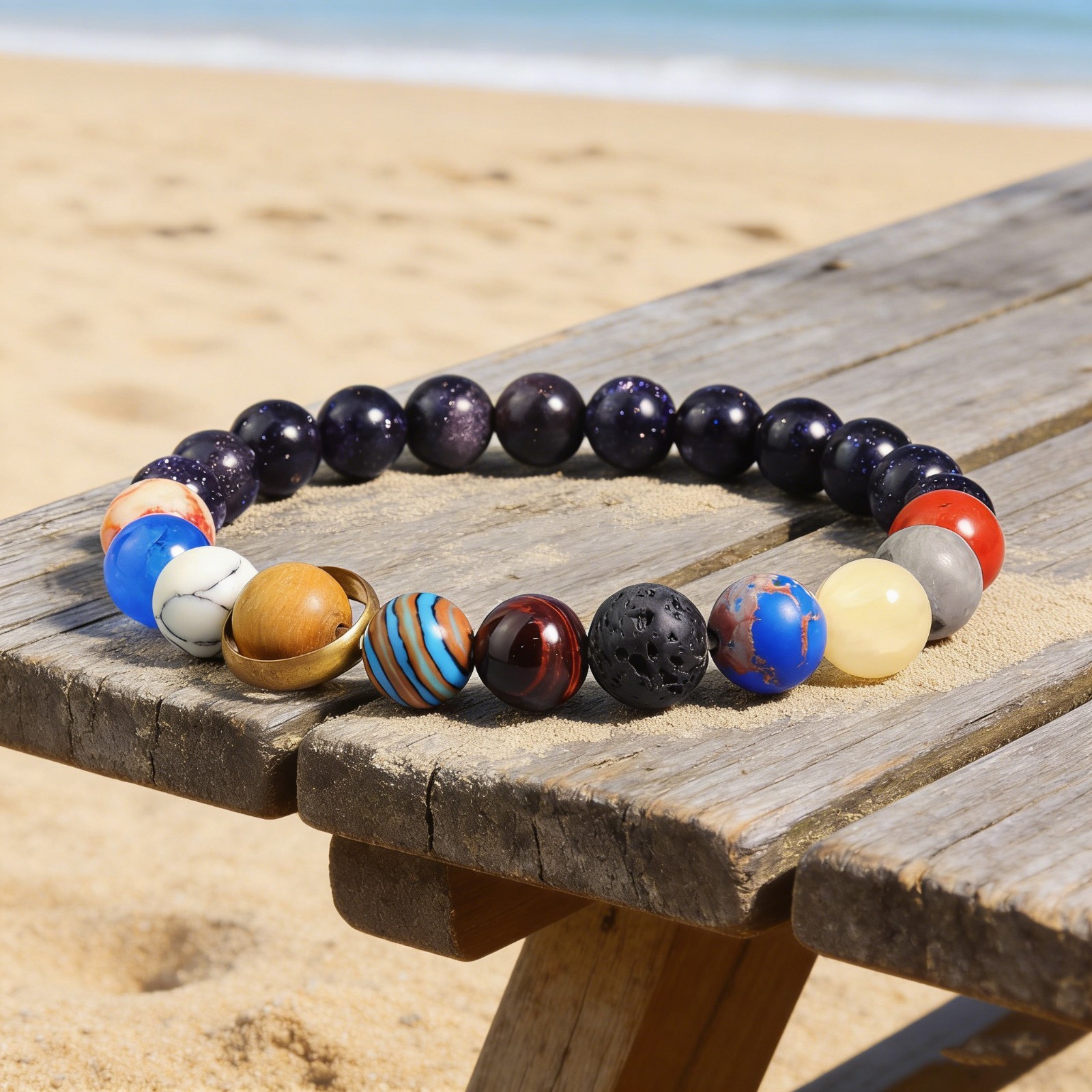 Solar System Stretch Bracelet Blue Goldstone 8 Planets Guardian Healing Jewelry