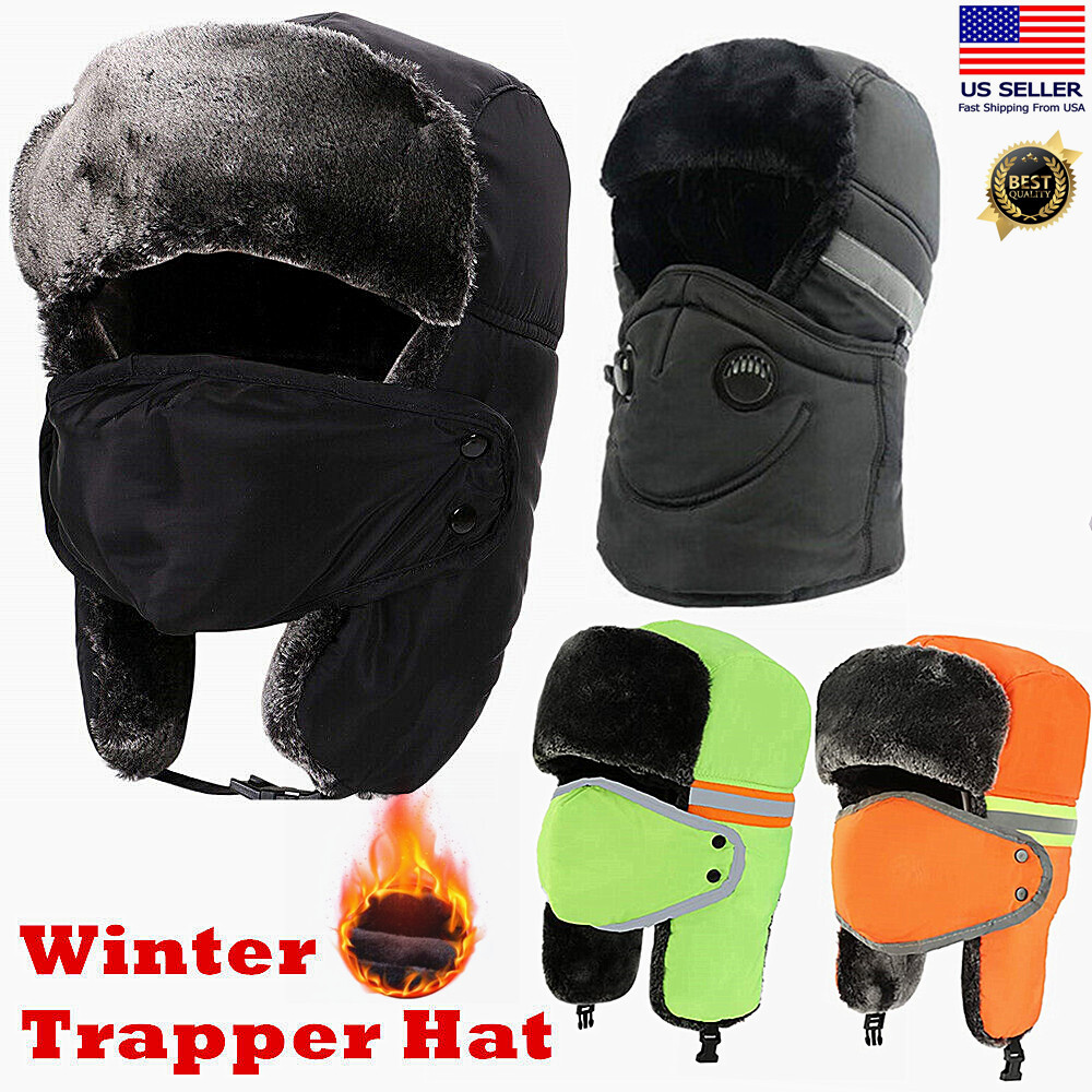 Winter Thermal Trapper Hat Outdoor Cap Aviator Russian Thick Fur w/ Face Mask