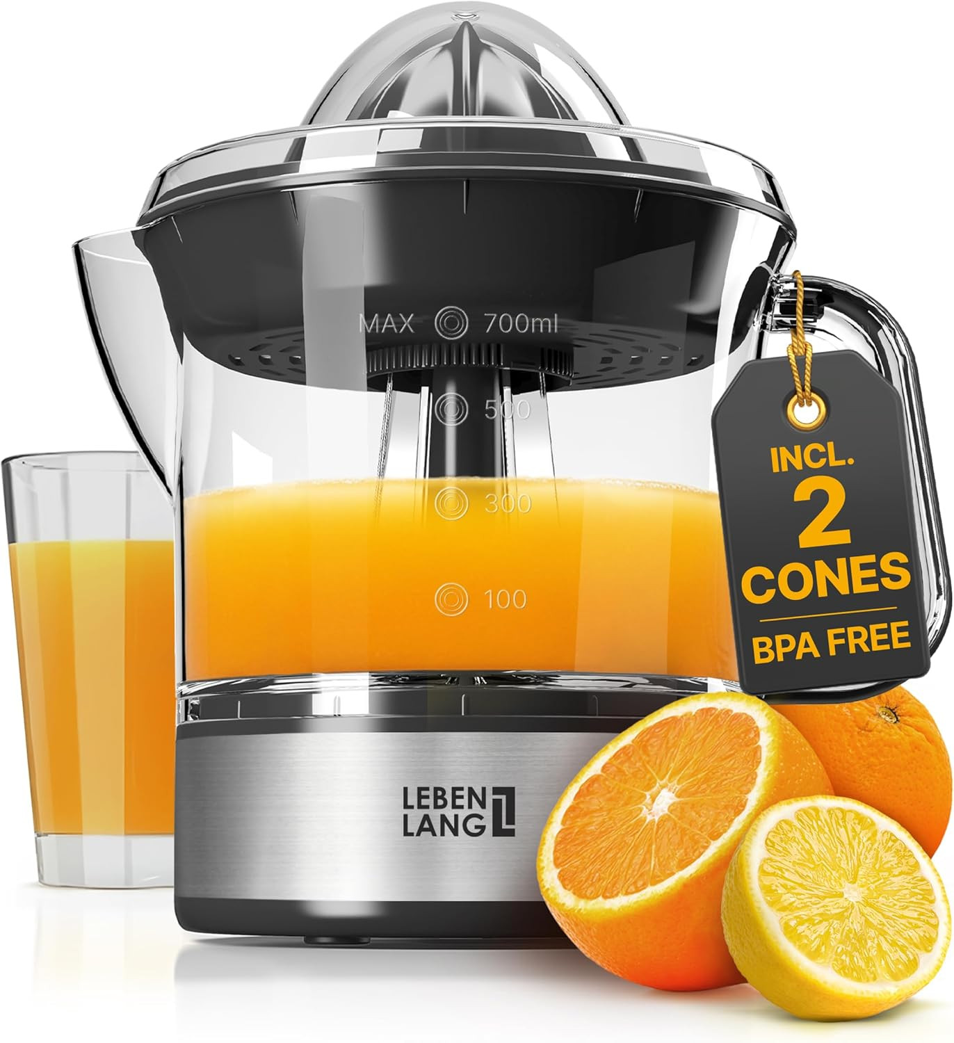 Electric Orange Juicer with 2 Cones - 24oz Citrus Squeezer, BPA-Free
