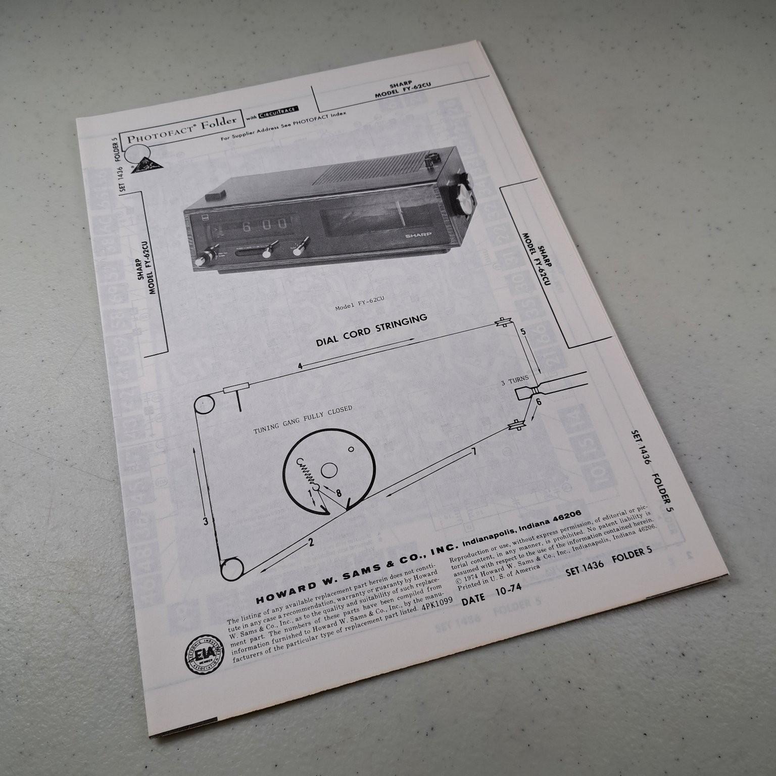 SHARP Model FY-62CU 1974 Photofact Clock Radio Service Manual