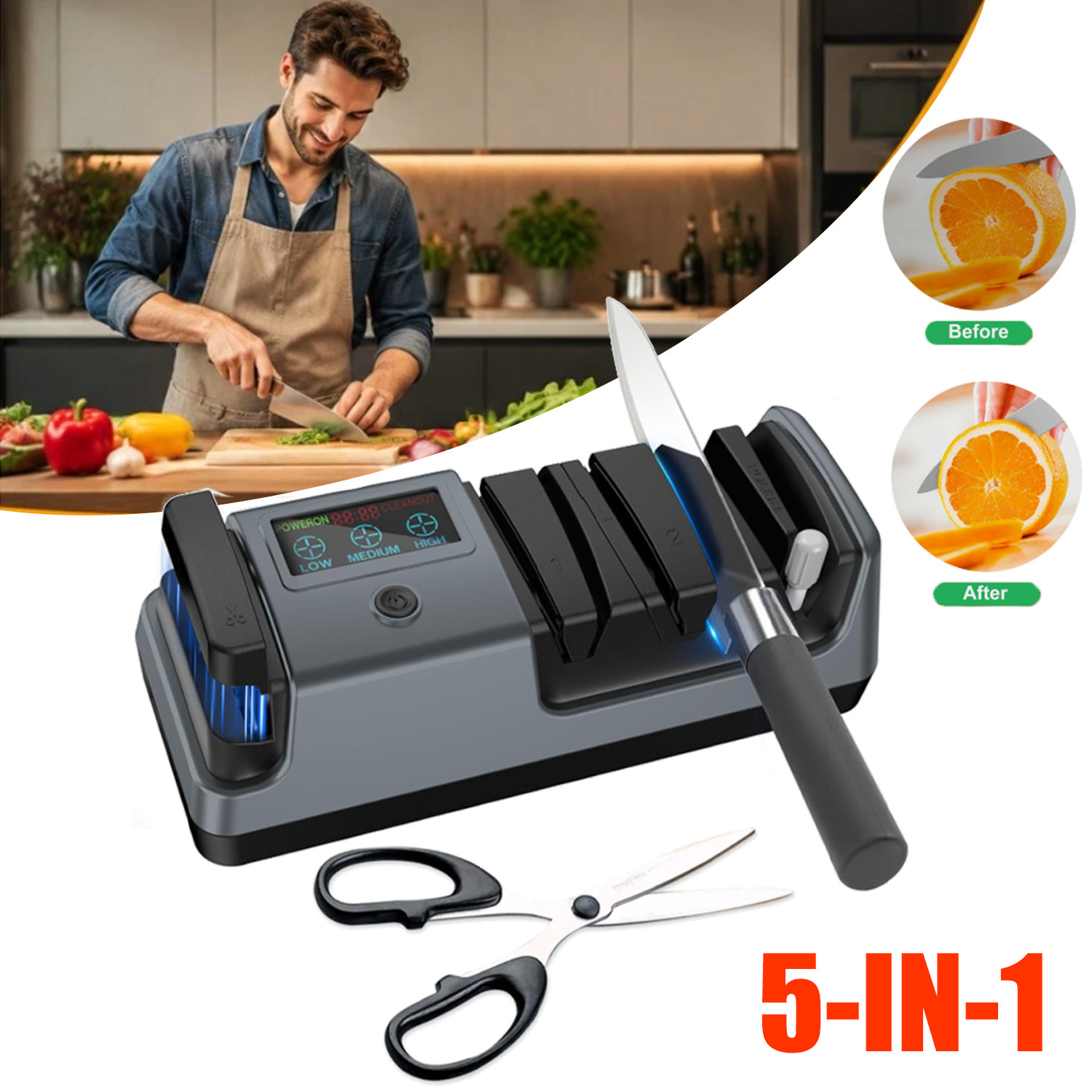 5-in-1 Electric Knife Sharpener-3 Rotational Speed Adjustable Knife Sharpener