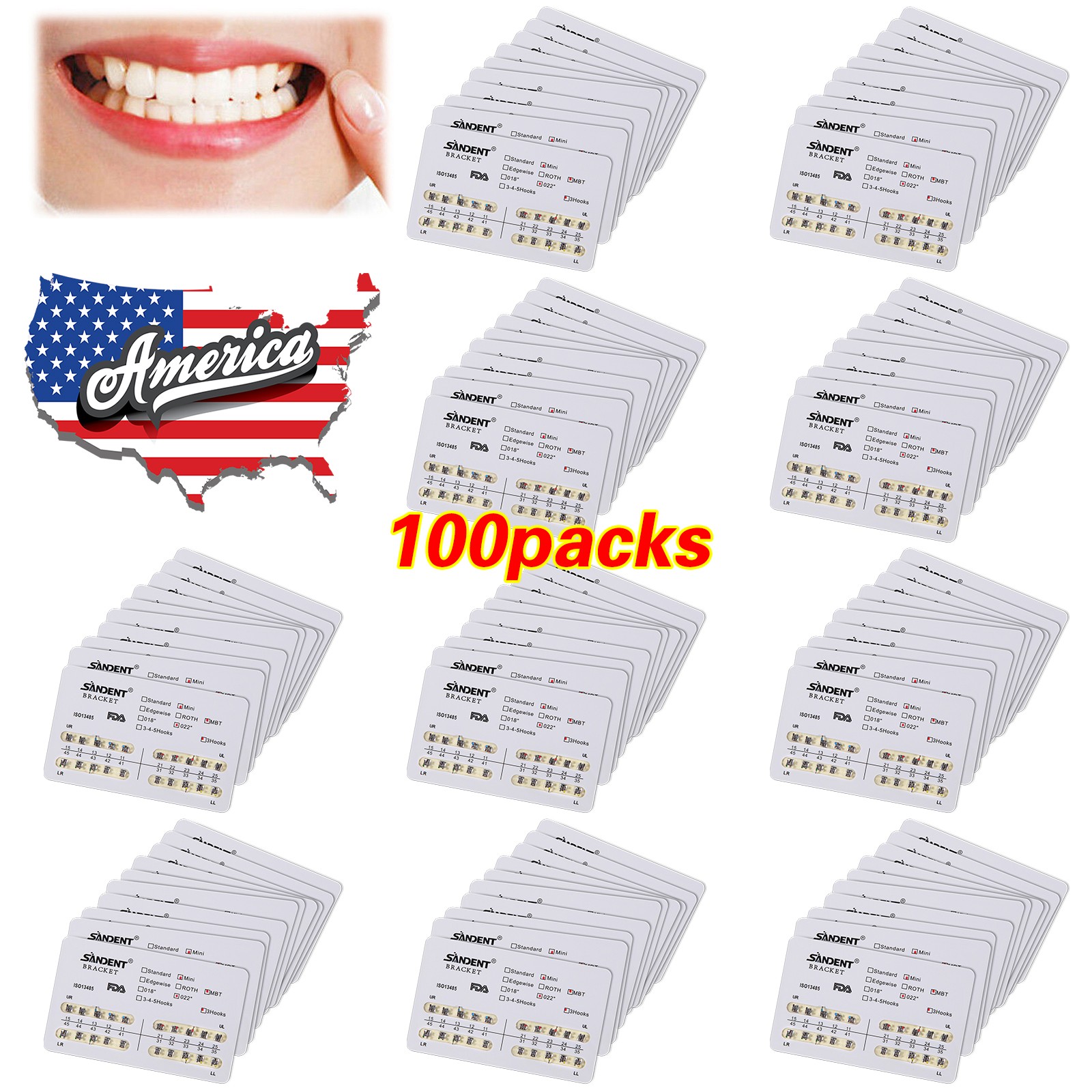 10-100 packs Dental Orthodontics Brackets Braces Mini MBT 022"Slot 3-Hooks #4