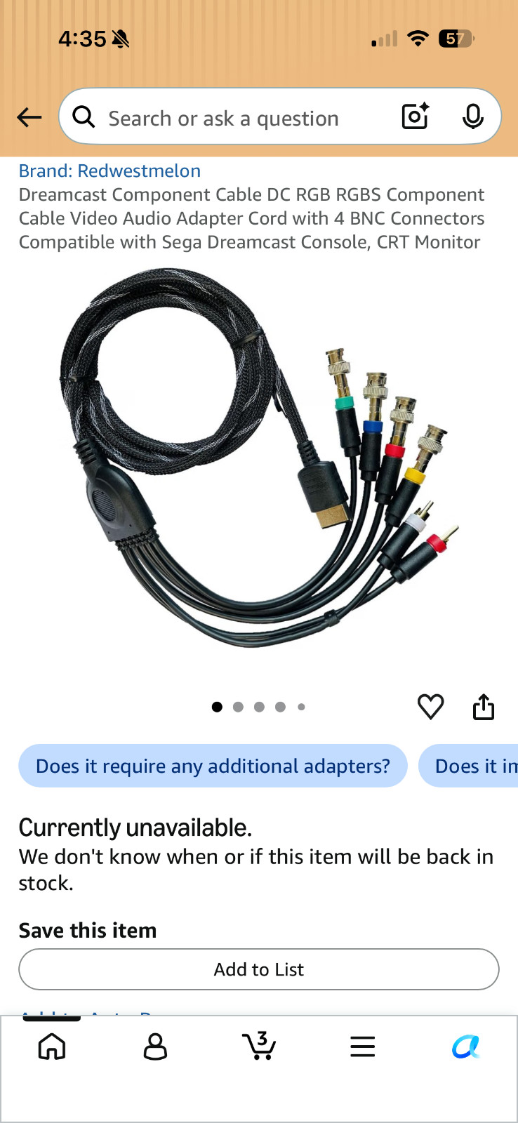Dreamcast Component Cable DC RGB RGBS Component Cable Video Audio Adapter Cord w