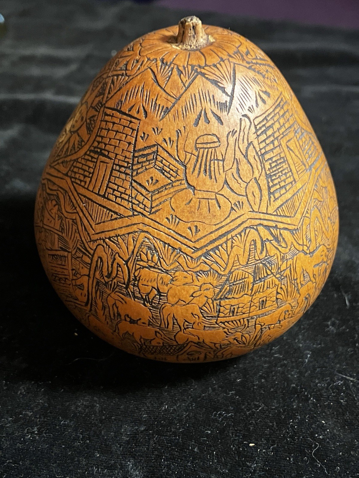 Peruvian Intricate Hand Fine Carved Etched Gourd Rattle Peruvian Culture Scenes