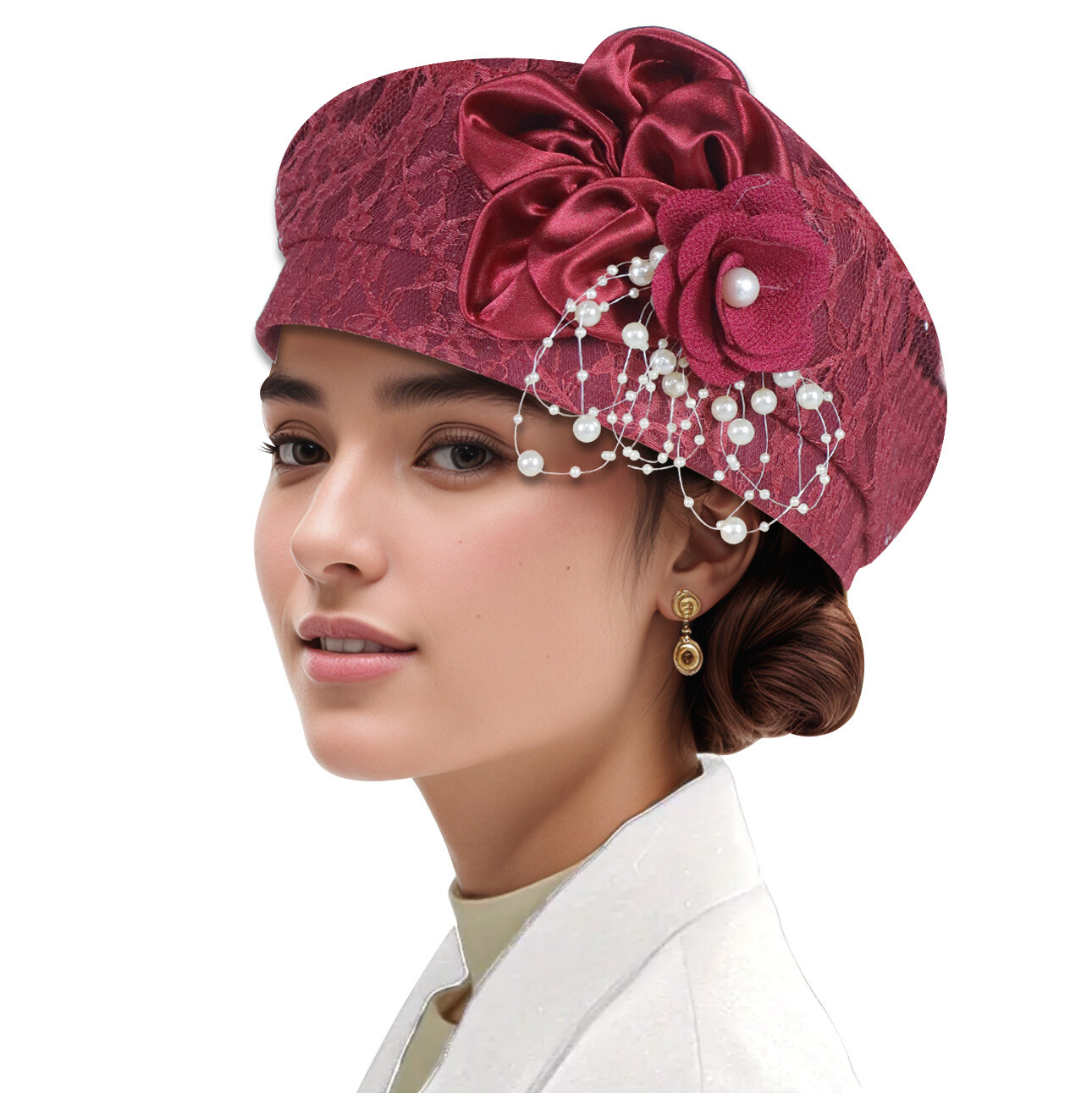 Flower Beret Bonnet Cap Muslim Women Hijab Turban Beanies Wedding Party Hat Wrap
