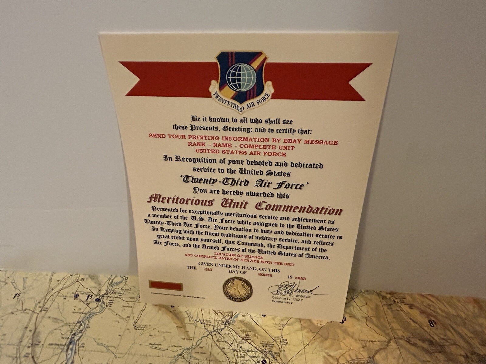 U.S. AIR FORCE / 23RD AIR FORCE - MERITORIOUS UNIT COMMENDATION CERTIFICATE