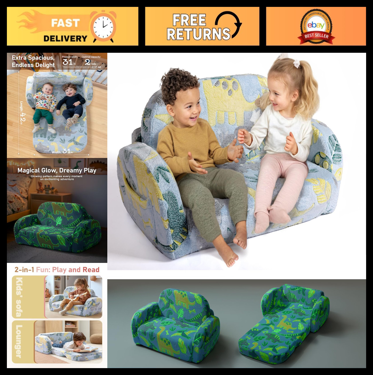 2-in-1 Toddler Couch Sofa - Glow in the Dark, Extra Wide Kids Chair, Convertible