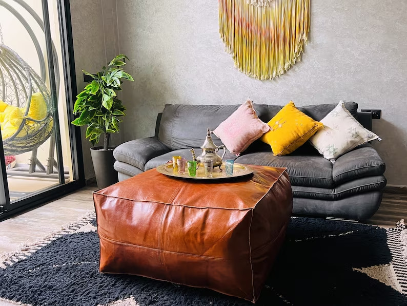 Large Unstuffed Moroccan Leather Pouf Premium Boho Footrest Genuine Ottoman 30''