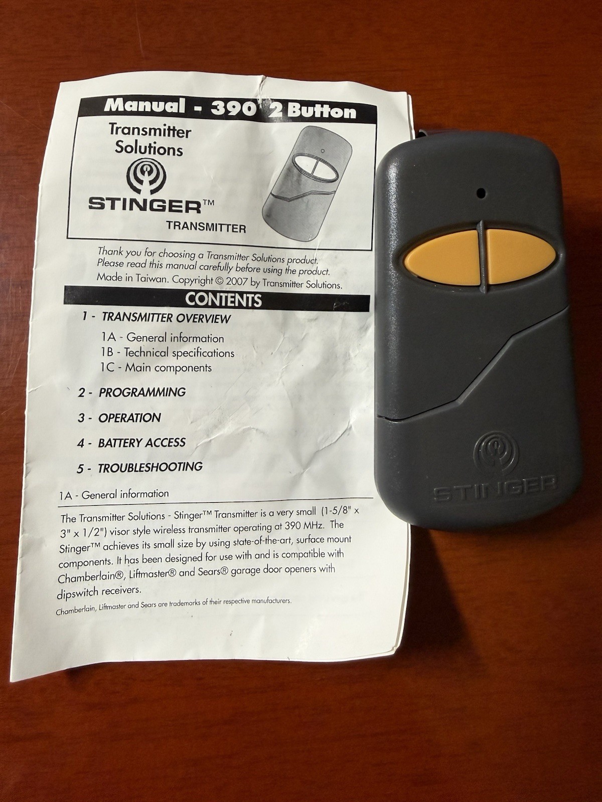 Stinger 2 Button 390LMPB2V Garage Door Remote New