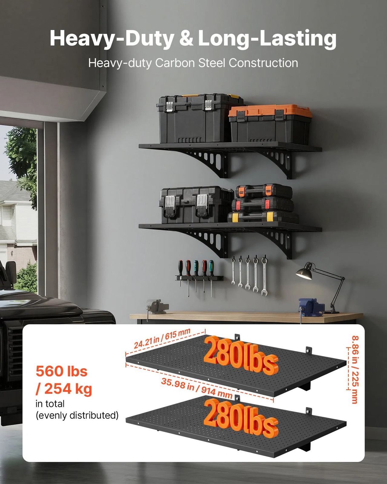 2-Tier Heavy Duty Wall Garage Shelving, 2 x 3 ft Steel Wall Mounted Shelving Un
