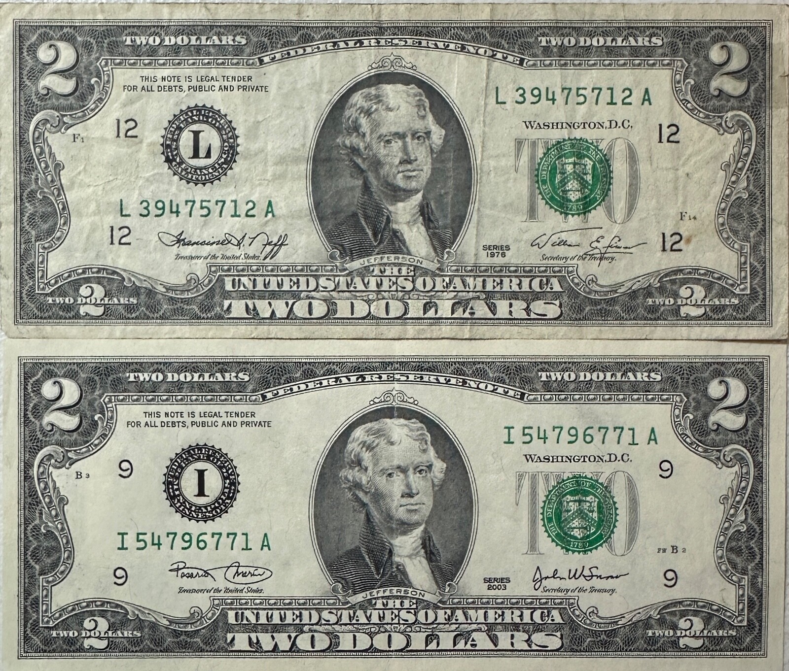 Pair of U.S. Two ($2) Federal Reserve Notes - 1976 and 2003
