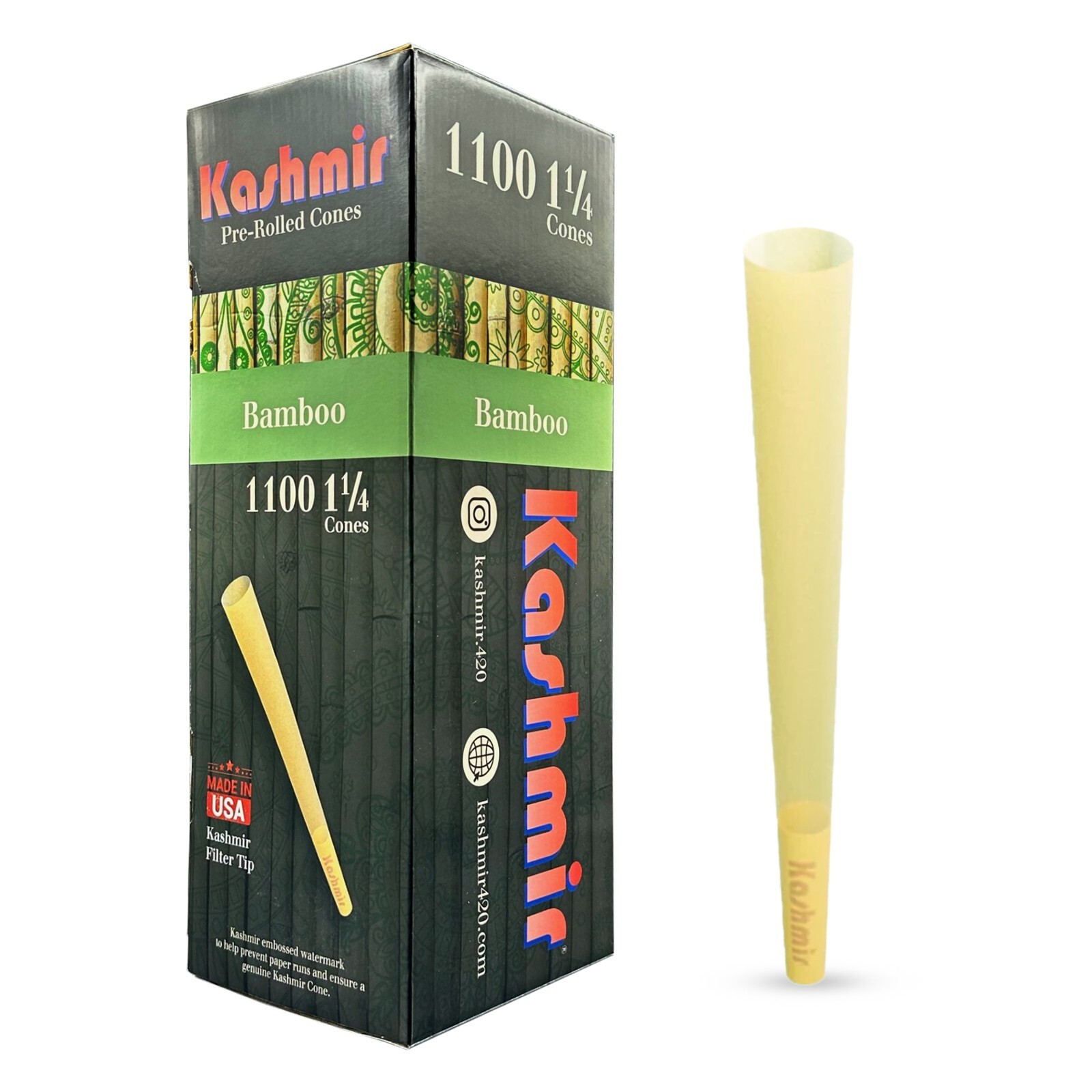 Kashmir Pre Rolled Cones 1-1/4 Bamboo Slow Burning Rolling Paper Cones 1100 Ct