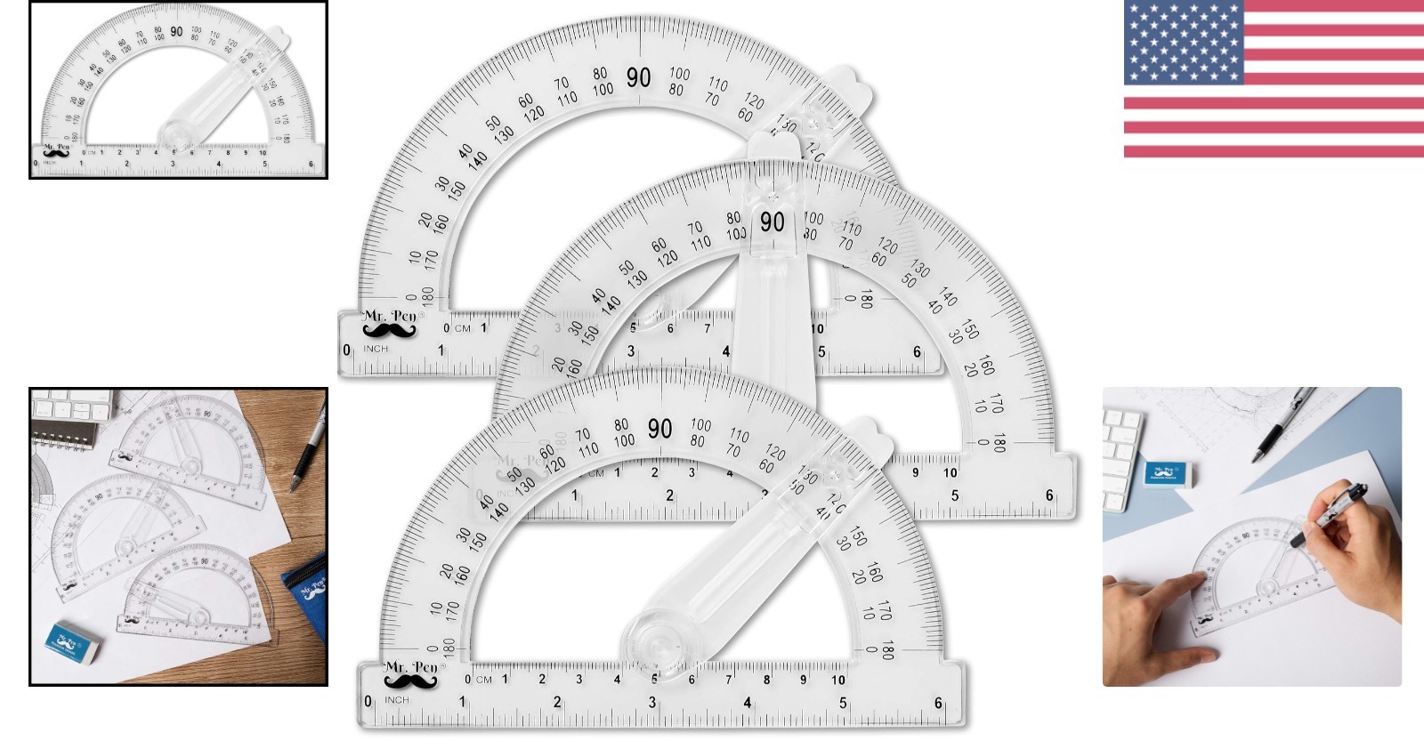 3-Pack 6-Inch Clear Plastic Protractors with Swing Arm for Accurate Geometry