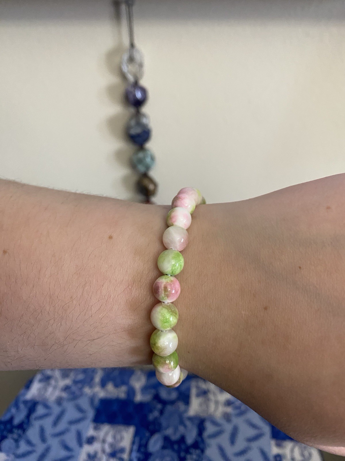 Green/Pink/White Round Beaded Bracelet - Handmade