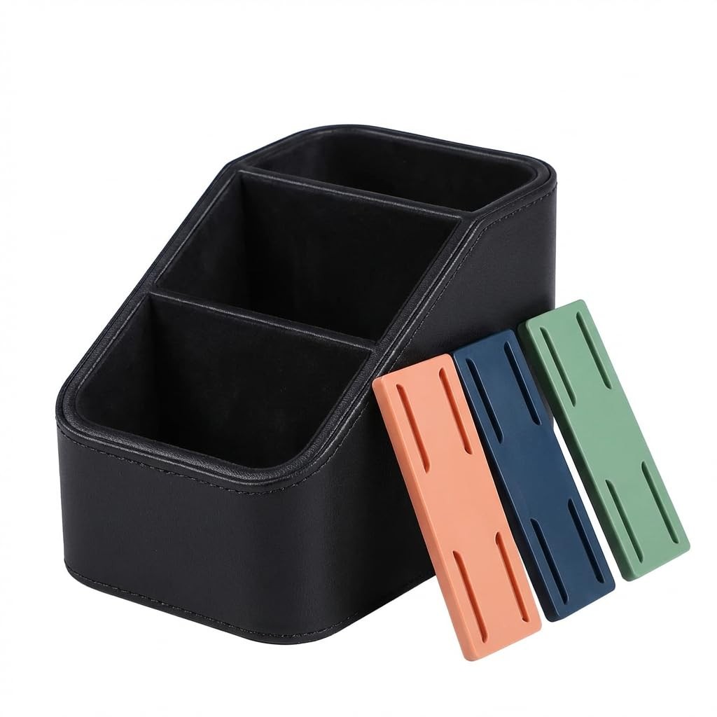 TsicTolg PU Leather Remote Control Holder for Table, 3-Compartment Black
