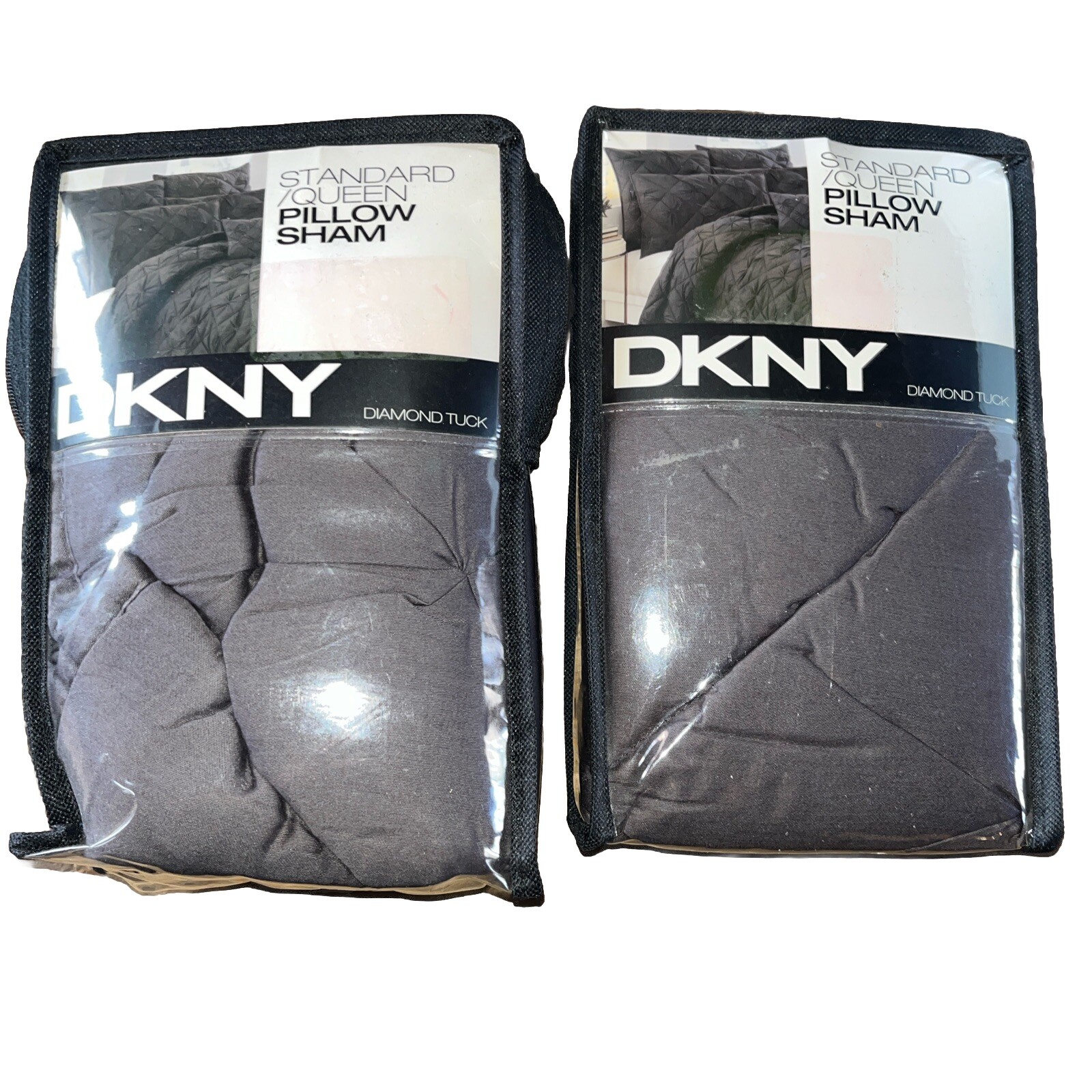 DKNY Cotton Standard Queen Pillow Shams Charcoal Grey Diamond Tuck TWO x 20x30