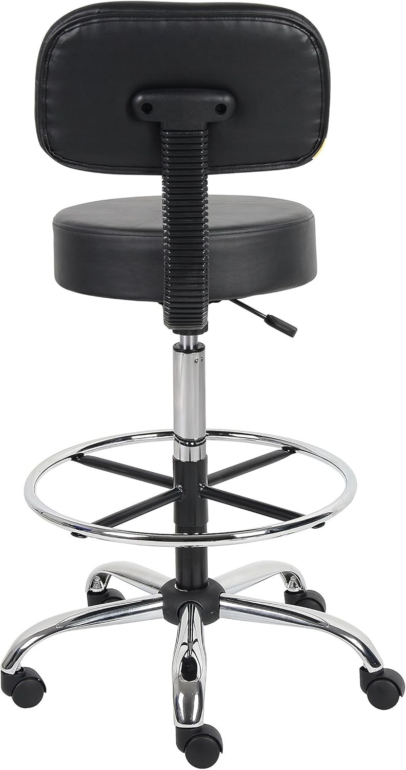 Durable Black Vinyl Drafting Stool with Adjustable Height & Plush Back Support