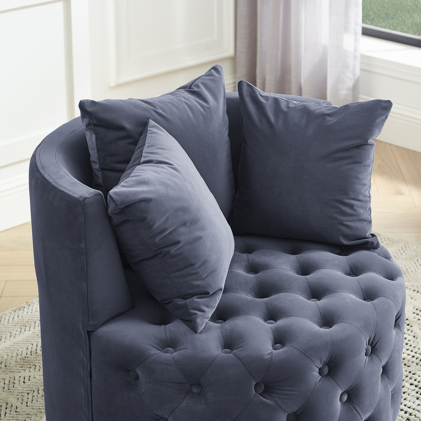 Velvet Upholstered Swivel Chair for Living Room, w/ Button Tufted Design Grey