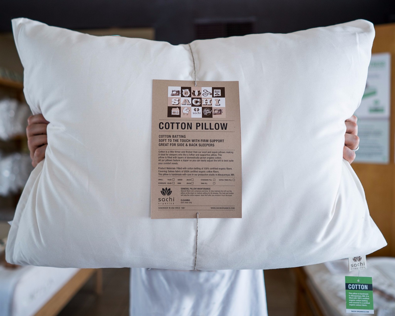 Organic Cotton Bed Pillow SACHI Organics USA Natural Standard Queen King Eco