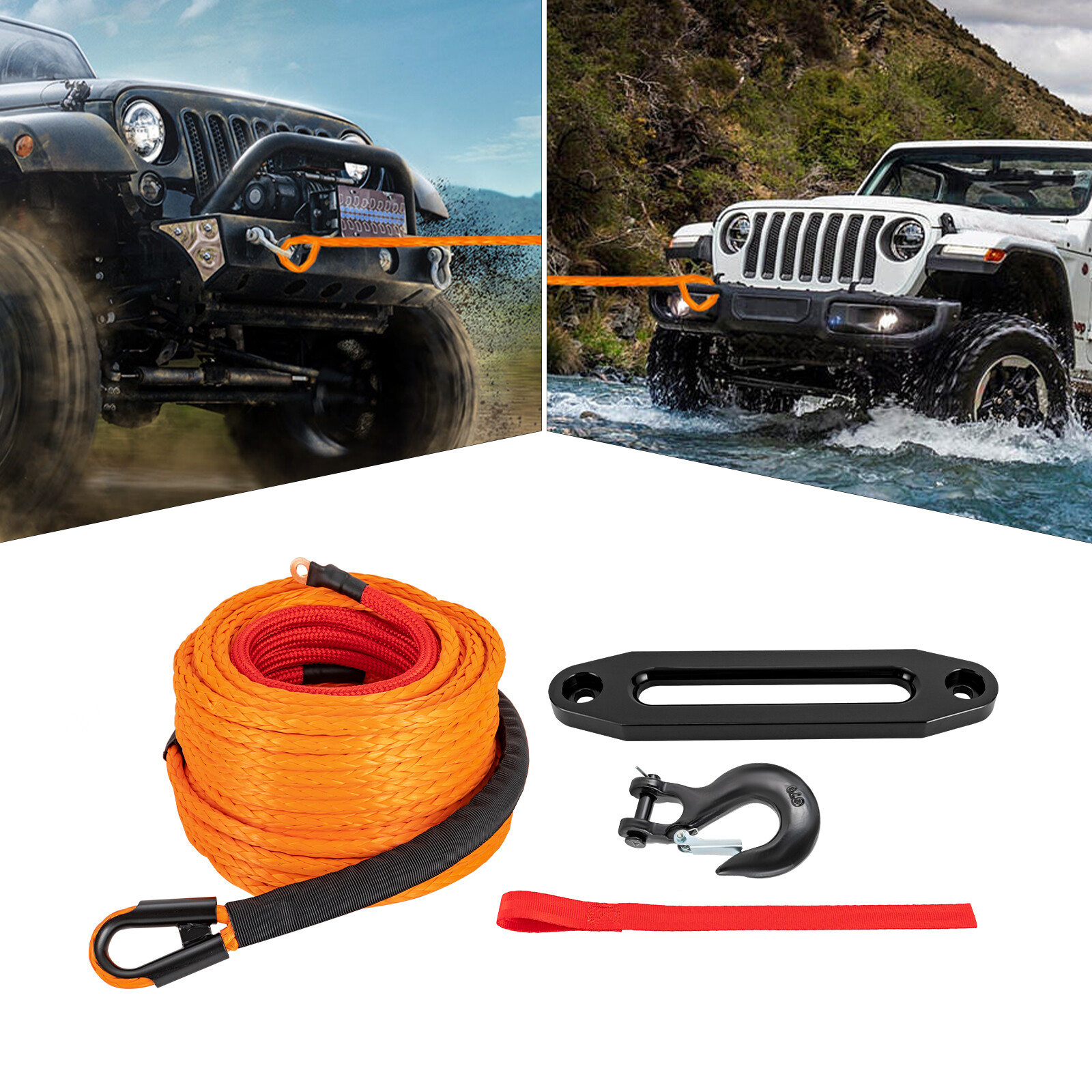 3/8" 100 FT Synthetic Winch Rope Winch Line Cable Rope with Winch Hook Fairleads