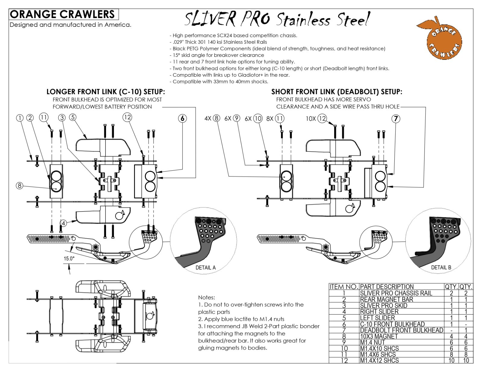 SCX24 Sliver Pro Stainless. 15° skid, adjustable geometry, sliders, mag mounts