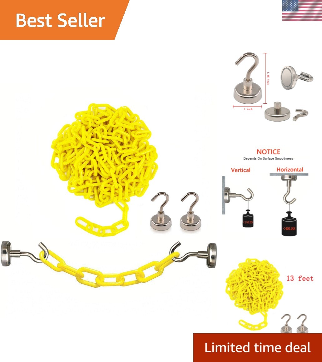 Bright Yellow 13-Foot Safety Chain with Magnetic Hooks for Secure Barrier Setup