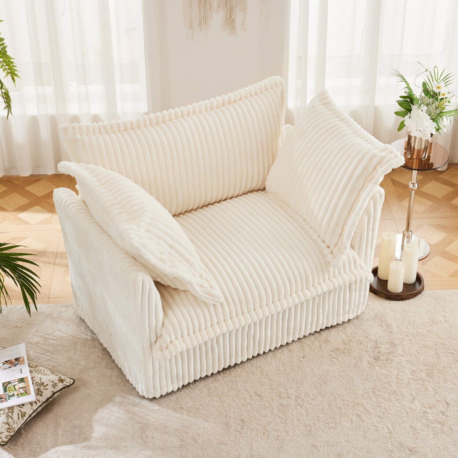 Single Sofa Corduroy Upholstered Armchair Living Room Furniture w/ Pillows Cream