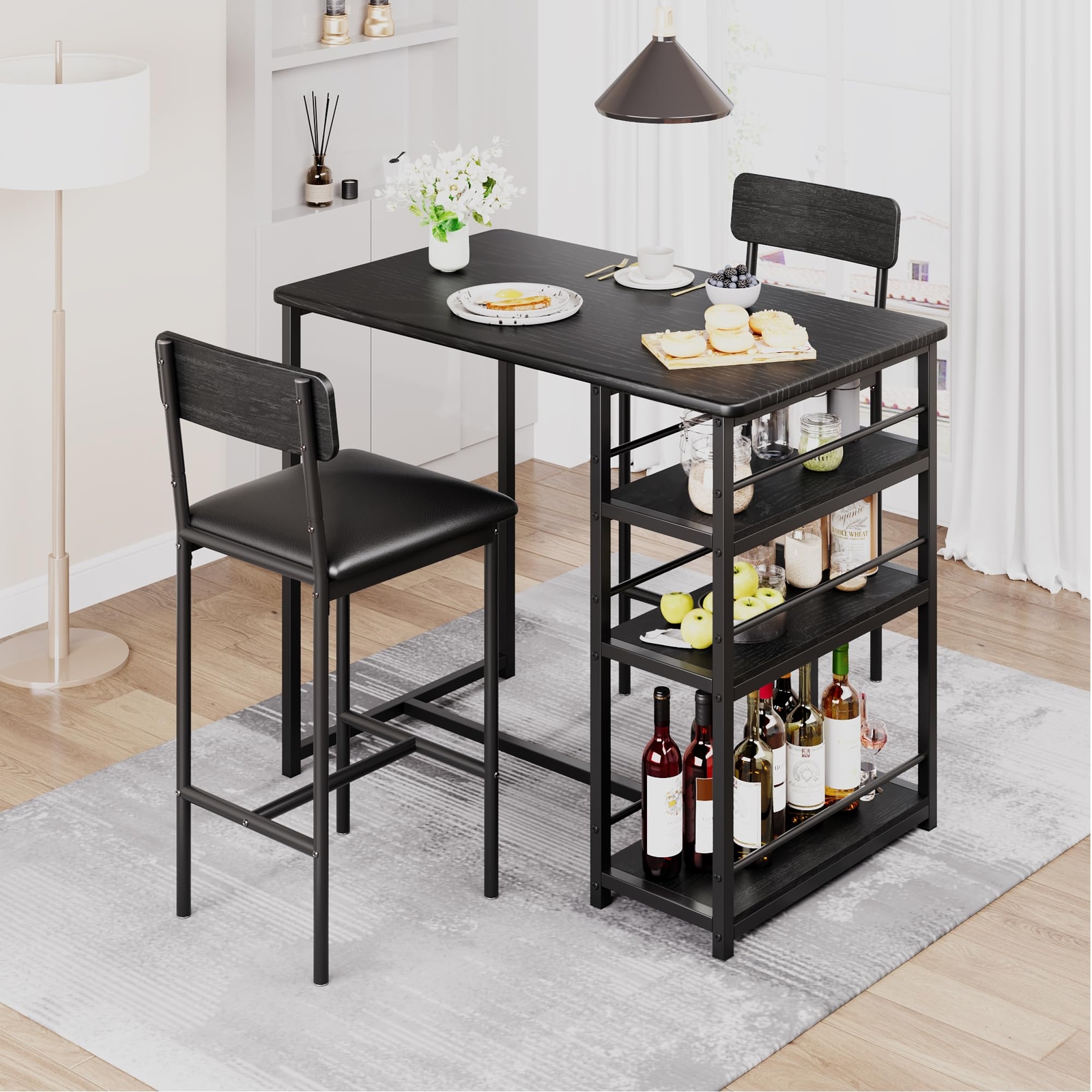 Dining Table Set Home Kitchen Table with 2 Upholstered Chairs and 3 Shelves Home