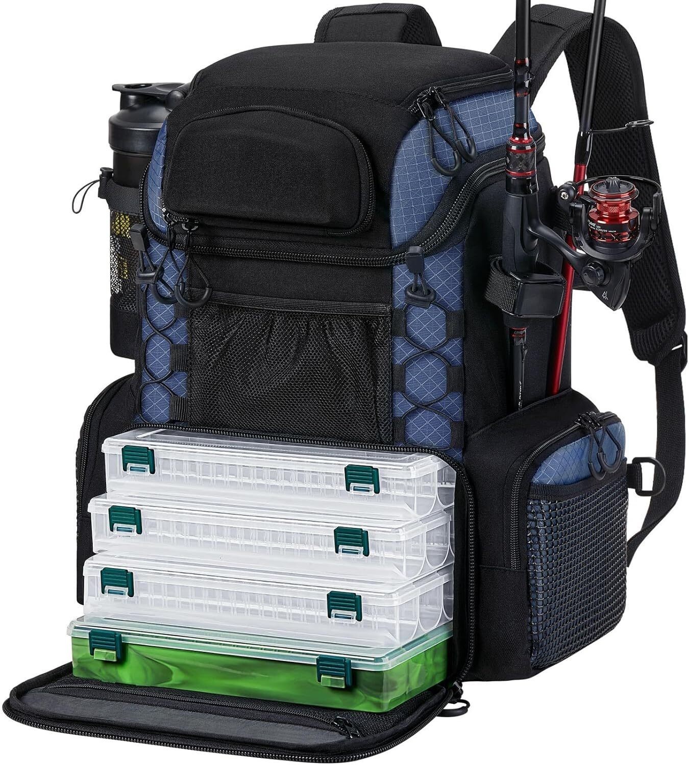 Fishing Tackle Backpack w/Rod Holders & 4 Tackle Boxes Outdoor Fishing Bag US