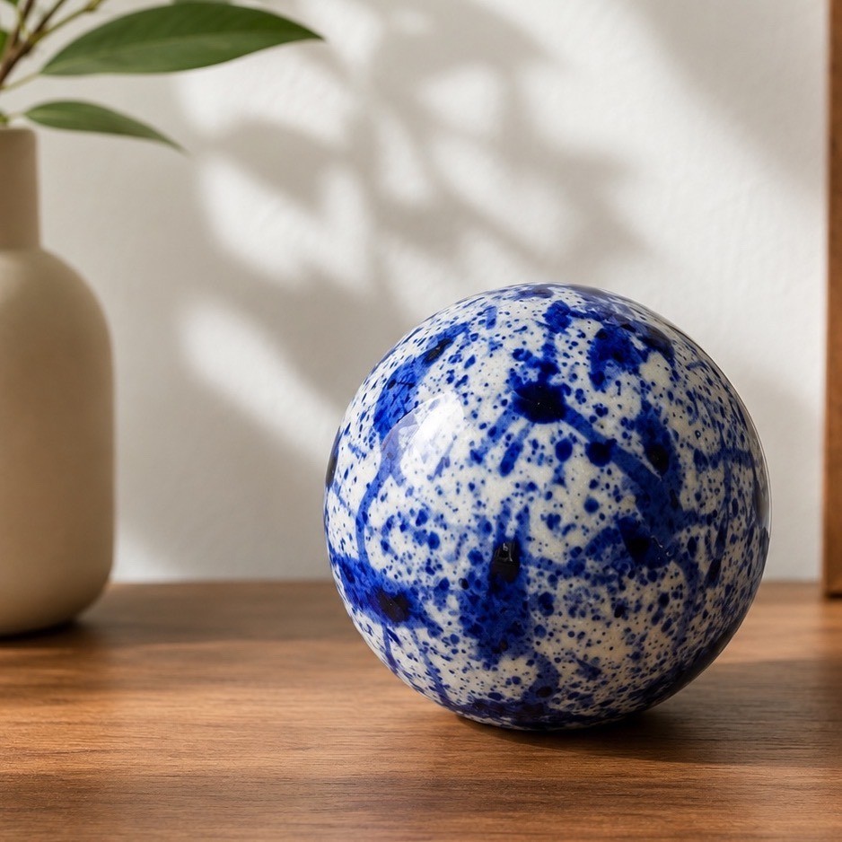 Blue White Ceramic Decorative Orb Sphere Abstract Splatter Glaze Home Decor 4in