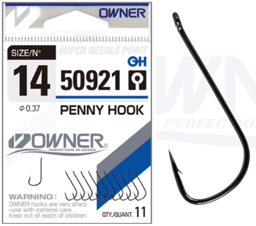 Owner Penny Hook 50921 Up Eyed Bait Hooks Fishing Worm etc Barbed Black Nickel