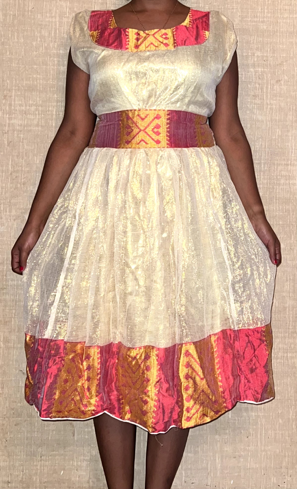new red gold habesha ethiopian and eritrean dress; Handmade; 100% Organic Cotton