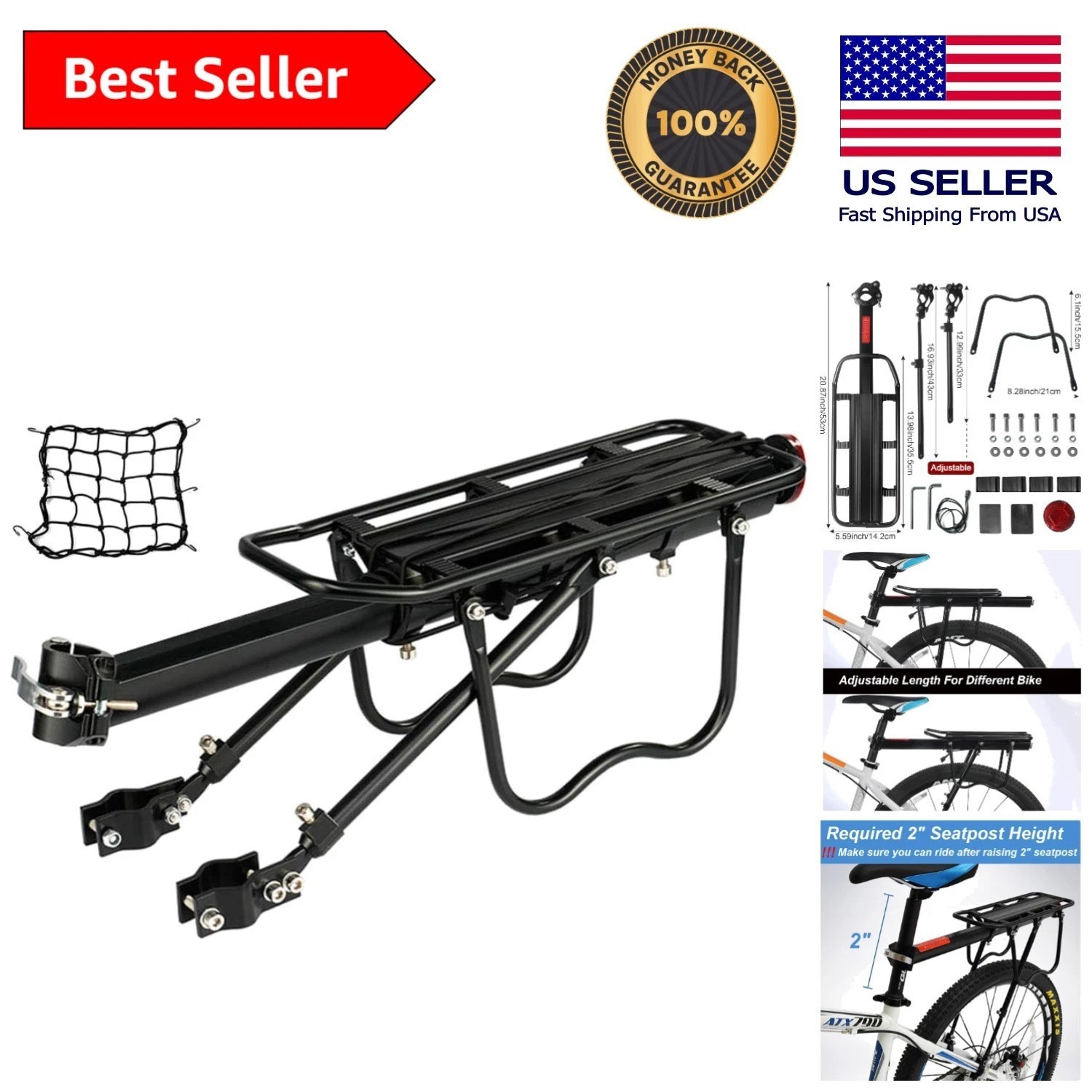 Lightweight Adjustable Aluminum Bike Cargo Rack - 115 lbs Capacity, Easy Install