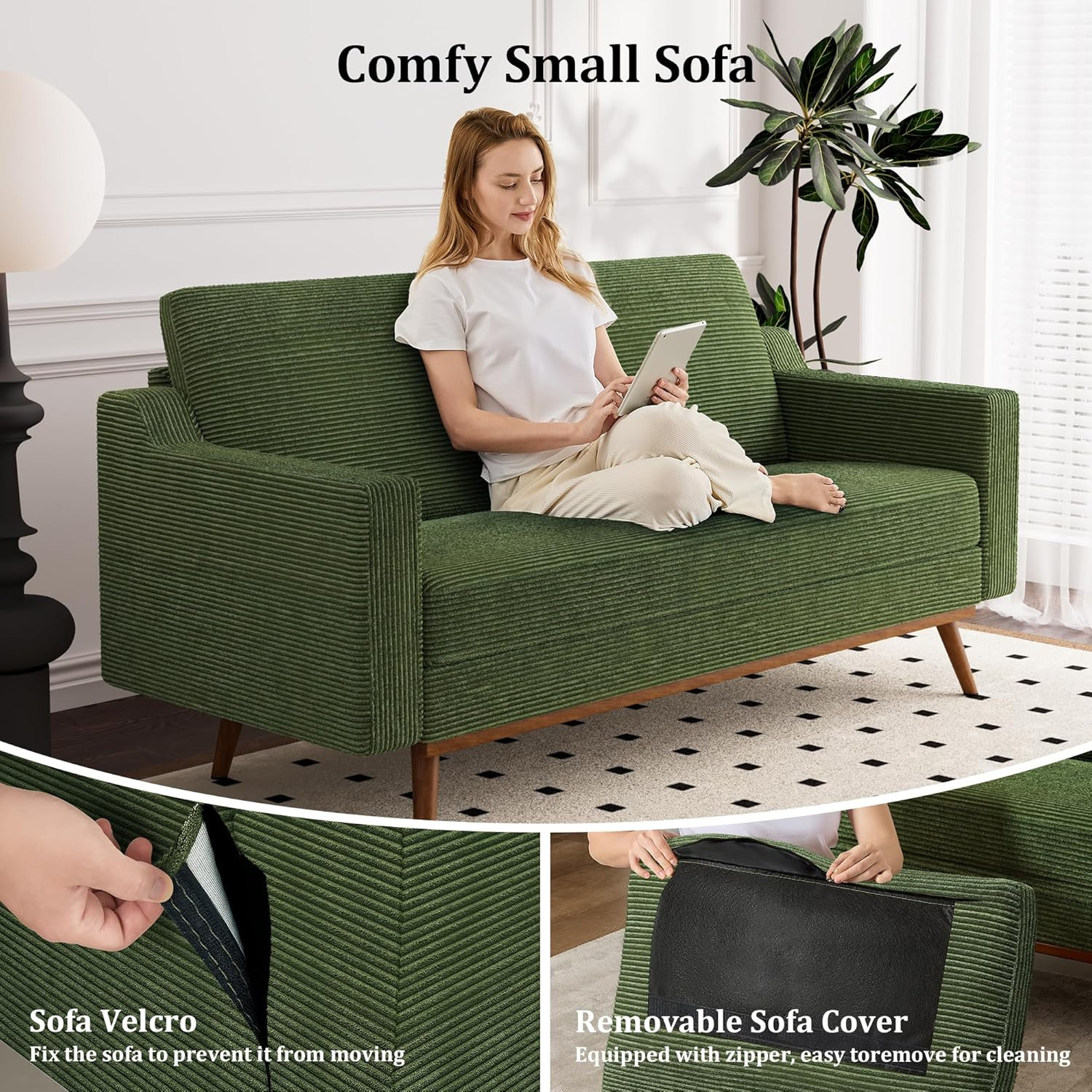 Vipbear 65.4" Loveseat Sofa Green Corduroy Couch, Mid-Century Modern Small Couch
