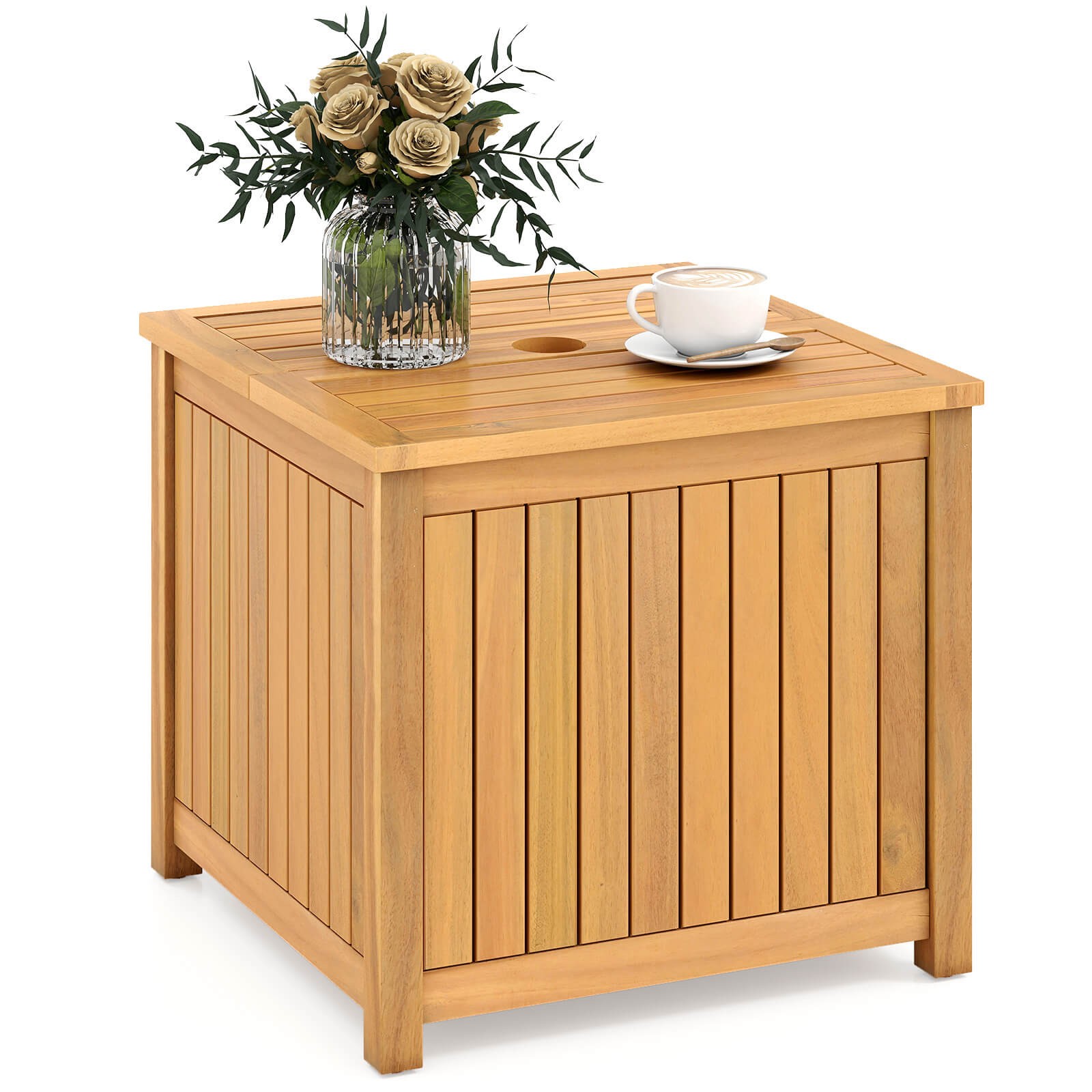 2-in-1 Outdoor Side Table w/Storage, Umbrella Hole & Removable Base for Backyard