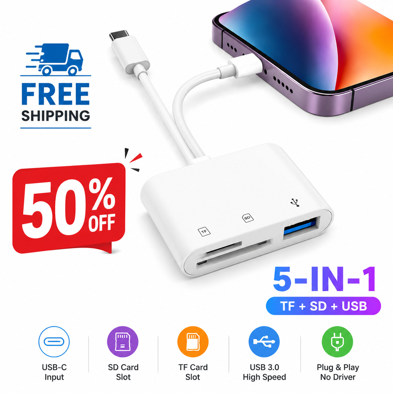 5-in-1 Memory Card Reader for iPhone iPad USB 3.0 OTG Adapter for SD/TF