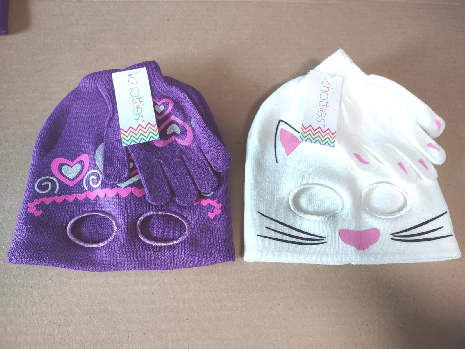 2 Kids Chatties Cat Beanie Hat & Glove Sets 2 Piece Eye Holes Purple White NEW