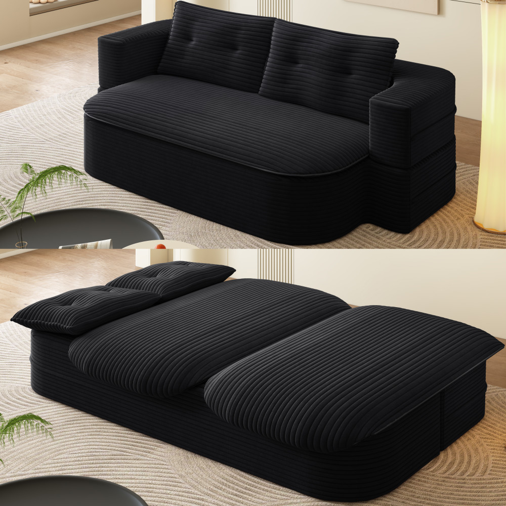 Foldable 2-in-1 Sofa Bed Sleeper Couch w/ Pillows & Blanket, Plush Corduroy