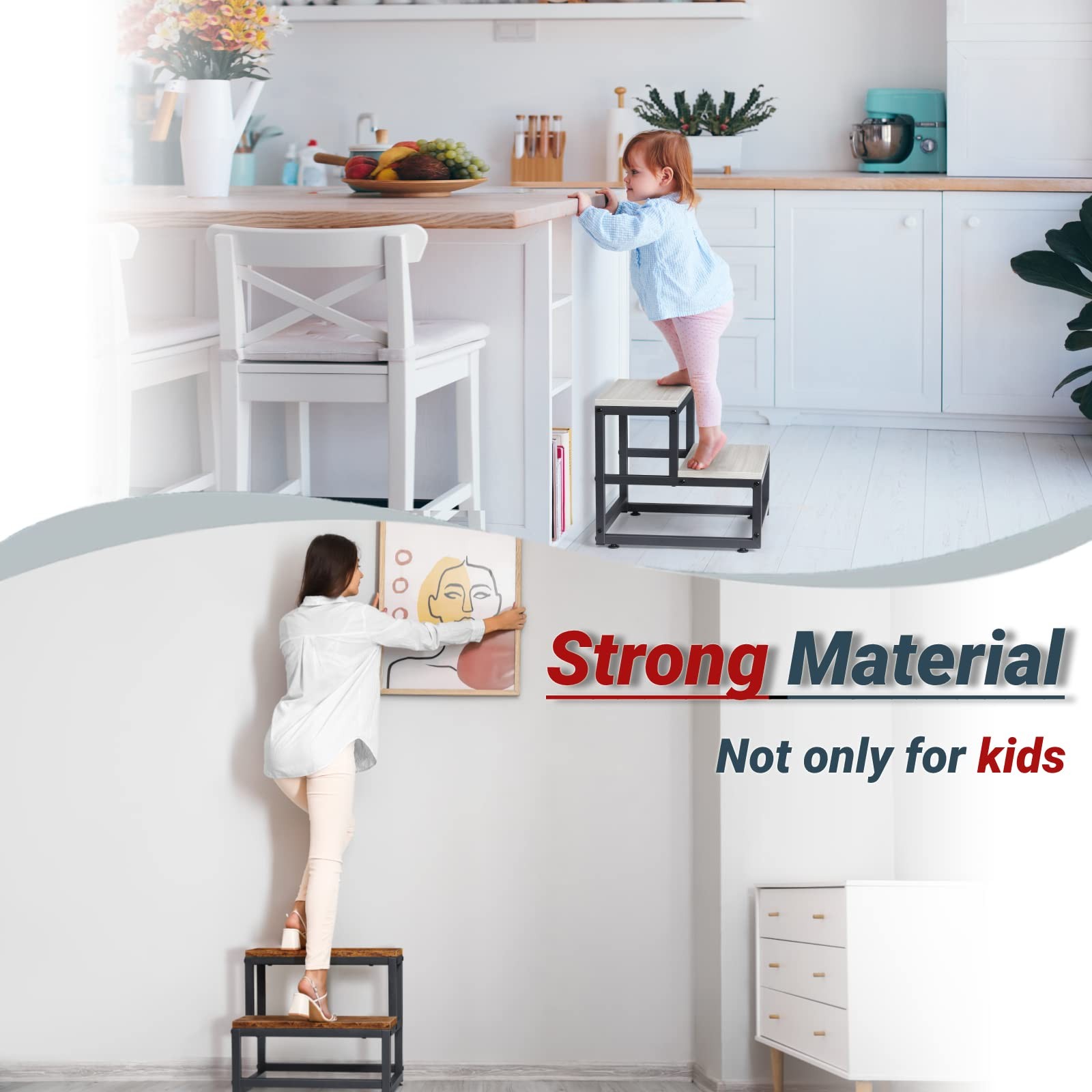 2 Step Stool for Adults Kids, Heavy Duty Sturdy Steel Frame with Wooden Steps...