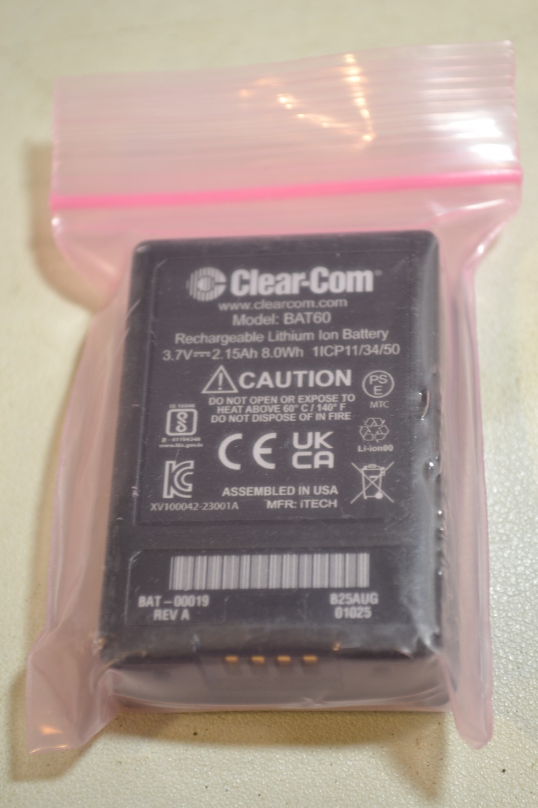 Clear-Com Model: BAT60 Rechargeable Lithium Ion Battery