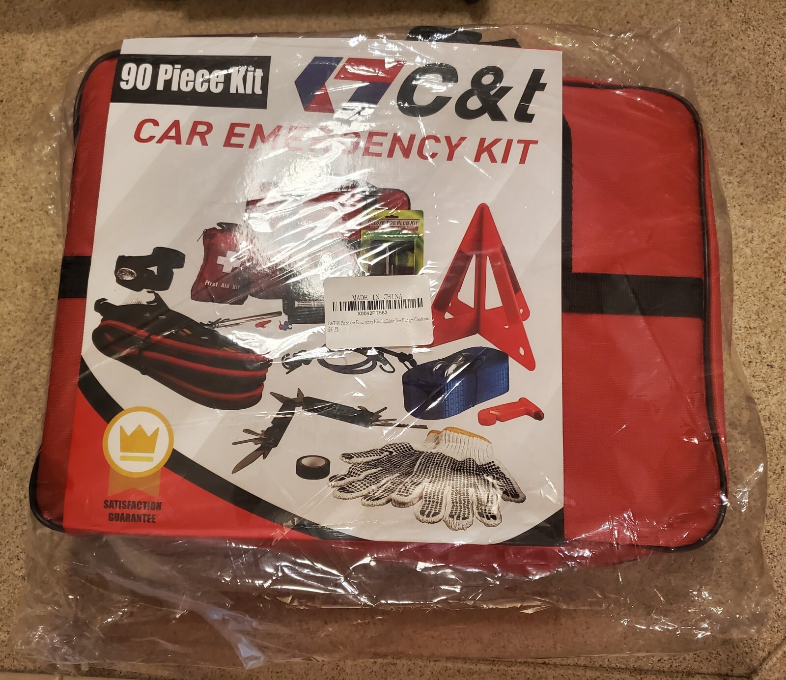 C & T 90 Piece Car Emergency Roadside & First Aid Kit Inside $ Carrying Case NEW