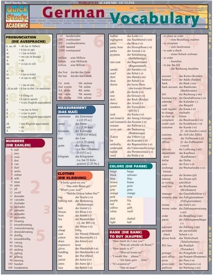 Quick Study Bar Chart German Vocabulary Laminated Reference Guide
