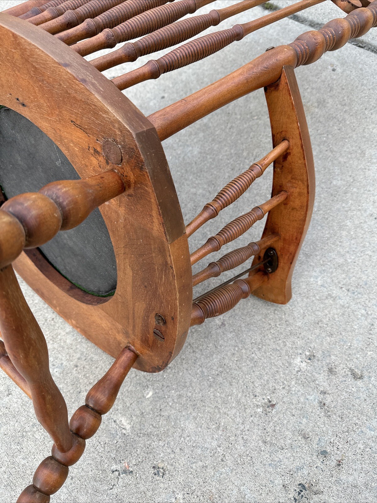 Vintage Victorian Rustic Maple Wood Spindle Back Needlepoint Seat Rocking Chair