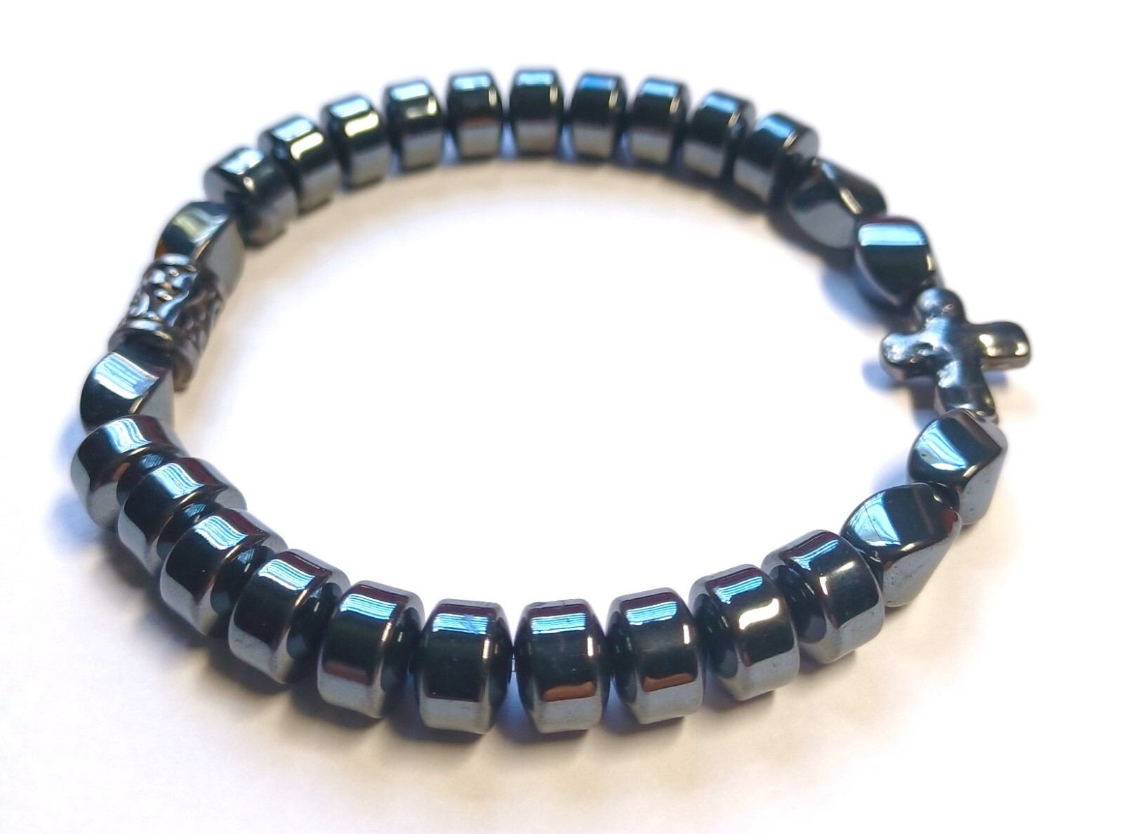 Chic Hematite Beaded Bracelet with Cross Charm