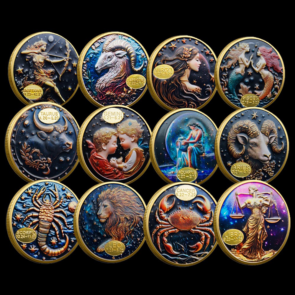 12PCS Constellation Commemorative Coins 12 Zodiac Signs Challenge Coin Souvenir