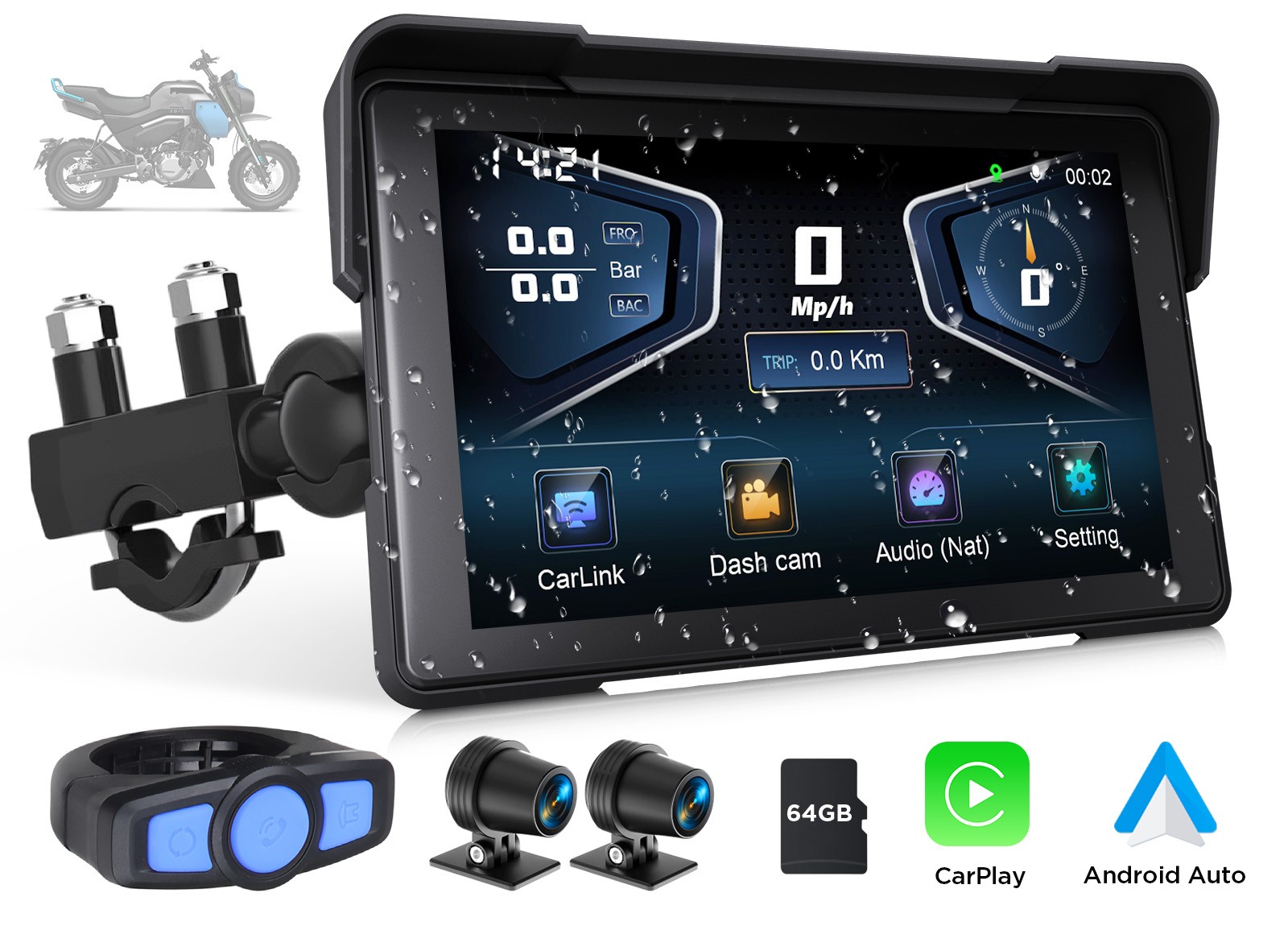 Portable Motorcycle Wireless CarPlay Waterproof 7" IPS TouchScreen GPS Bluetooth